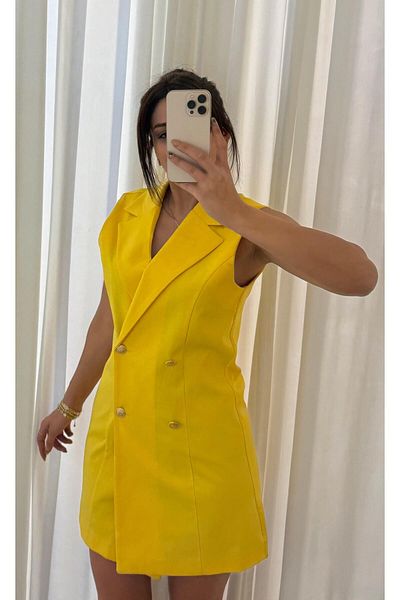 Daves Slim Fit Casual Sleeveless Double Crep Fabric Jacket Dress -Yellow