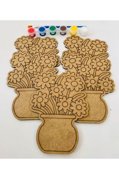 WoodStory Ahşap Boyama Oyuncak Seti – 5’li Çiçek Figürü + Akrilik Boya ve Fır...