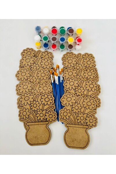 WoodStory Ahşap Boyama Oyuncak Seti – 10 Çiçek Figürü + 5 Akrilik Boya + 10 Fırça | Küçük Grup Sanat Seti