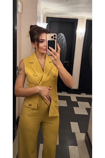 Daves Jacket Collar Gold Button Design Jumpsuit -Mustard