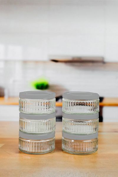 ZURİ DESİGN 6-Piece Airtight Glass Breakfast Set - 140 Cc |   Silver Gray Lid, Leak Proof Storage Container