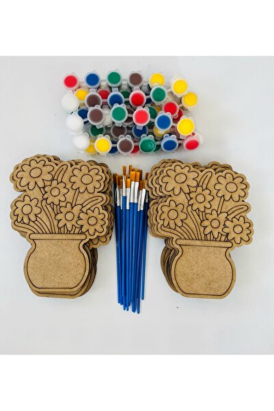 WoodStory Ahşap Boyama Oyuncak Seti – 20’li Çiçek Figürü + 10 Akrilik Boya + 20 Fırça | Toplu Sanat Etkinliği