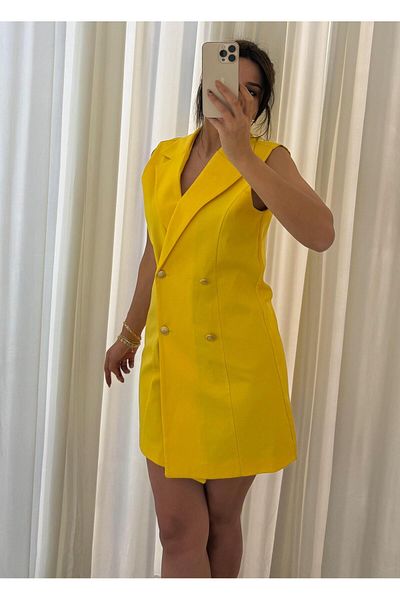 Daves Slim Fit Casual Sleeveless Double Crep Fabric Jacket Dress -Yellow