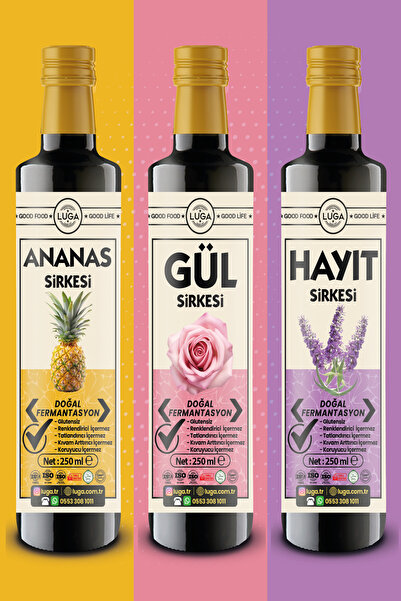 Luga Ananas + Gül + Hayıt Sirkesi 3 lü Set - 250 ml x 3 adet - Doğal Fermanta...
