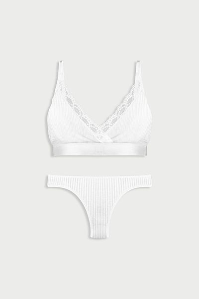 LİBELLA İÇ GİYİM Women's White Lace Detailed Ribbed Thong 2-Piece Comfort Bra Suit - Stylish Underwear Set of 2