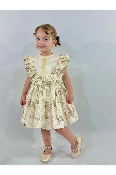 Hly Karol Tasarım Vintage φόρεμα για κοριτσάκι με λουλούδια Laurel Cream, φόρεμα γενεθλίων, φόρεμα φωτογράφισης, κατάλληλο για 0-7 ετών