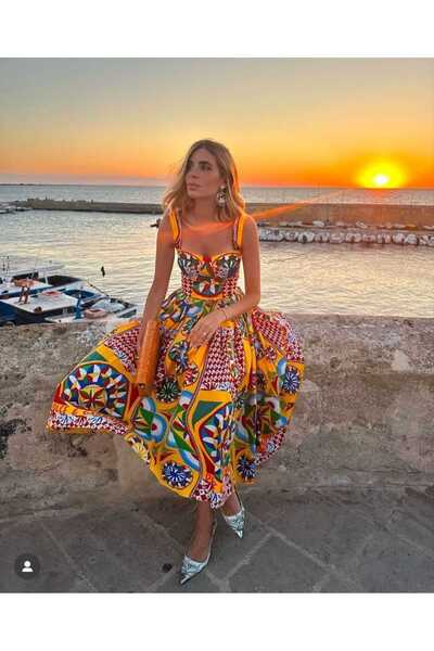 Ahzem Collection Dijital Baskı Kalp Yaka Elbise