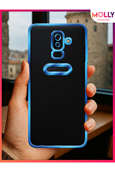 Molly Samsung Galaxy J8 İçin Kenarları Metalik Mavi Lens Koruyuculu Lou Lazer Şeffaf Silikon Kılıf
