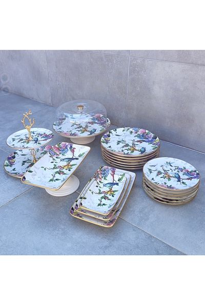 Pinkev 19 Piece 6-Person Bird Patterned Ceramic Cake Serving Presentation Plate Set
