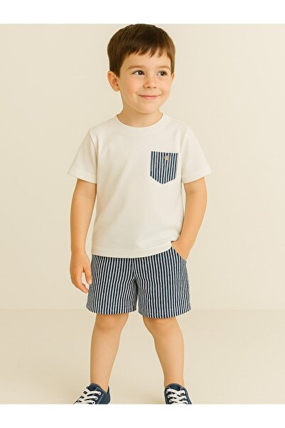 Erkek Çocuk Cepli Tshirt ve Çizgili Şort Alt-Üst Takım