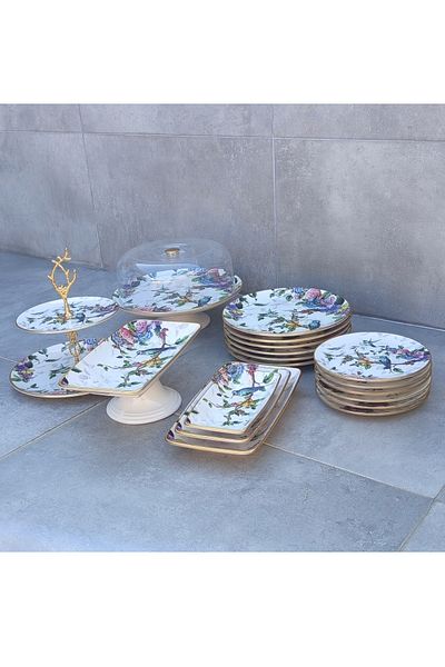 Pinkev 19 Piece 6-Person Bird Patterned Ceramic Cake Serving Presentation Plate Set