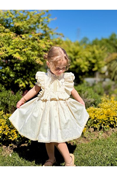 Hly Karol Tasarım Laurel Cream Vintage Baby Girl Dress, Birthday Dress, Photo Shoot Dress, Suitable for 0-7 Years Old