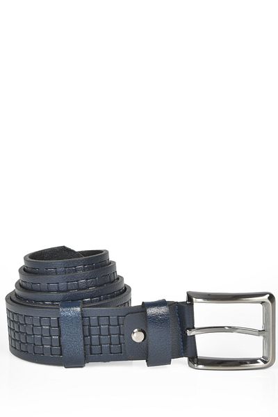 DeepSEA Men's Navy Blue Square Patterned Genuine Leather Jeans Belt Leather 4 cm Sports Belt 2402620