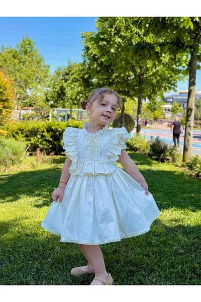 Hly Karol Tasarım Defne Cream Vintage Baby Girl Φόρεμα, Φόρεμα γενεθλίων, Φόρεμα φωτογράφισης, Κατάλληλο για 0-7 Ηλικίες