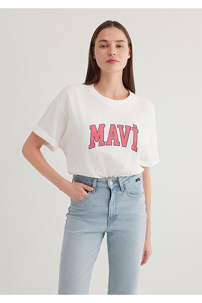 Mavi Weißes T-Shirt mit Logo-Print, Übergröße/weiter Schnitt 1600843-80194