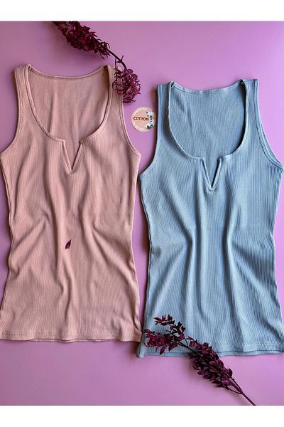 Elosia Γυναικείο φανελάκι Luniva 2 Pack Blue and Dusty Rose |   Κομψή καλοκαιρινή μπλούζα με ραβδώσεις με V-λαιμόκοψη, βαμβακερή