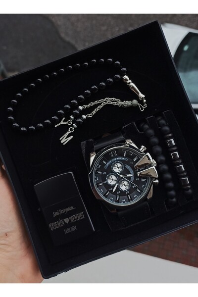 WERWOLF BAY KOL SAATİ SETİ DERİ KORDONLU, KİŞİYE ÖZEL ÇAKMAK MODELLİ