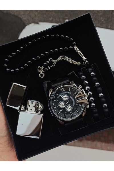 WERWOLF BAY KOL SAATİ SETİ, DERİ KORDONLU, SİYAH RENK, GÜMÜŞ RENK ÇAKMAKLI