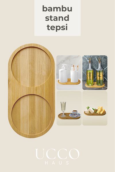 UCCO Bamboo Oil Bowl Stand – 2-Section Natural Presentation Tray |   Oil Bowl Coaster, Spice Bowl Stand, Soap Dish