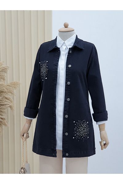 HİJABAYA Double Pocket Jeans Jacket with Stone Detail on the Front