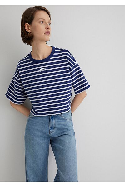 Mavi Potištěné logo Striped Striped Navy Blue Crop Tričko Crop / Short Cut1612228-86681