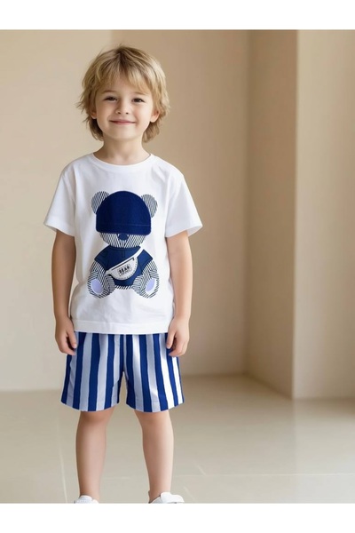 Erkek Çocuk Mavi Ayıcıklı Tshirt ve Çizgili Şortlu Alt-Üst Takım