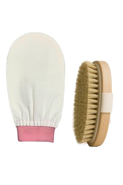 SYN AKSESUAR Super Set of 2 Bath Shower Washcloth Exfoliating Glove Smooth Touch Silk, Natural Horsehair Brush