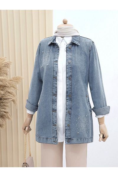 HİJABAYA Double Pocket Jeans Jacket with Stone Detail on the Front