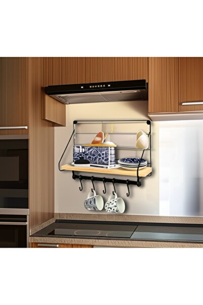 Runaway Metal Askılıklı Kahve Köşesi Rafı Ahşap Metal Kombin Duvara Monte Mutfak Rafı Fincan Düzenleyici Raf