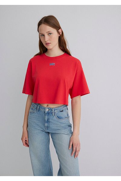 Mavi Rotes, kurzes T-Shirt mit Logo-Aufdruck, kurz geschnitten, 1611585-71083