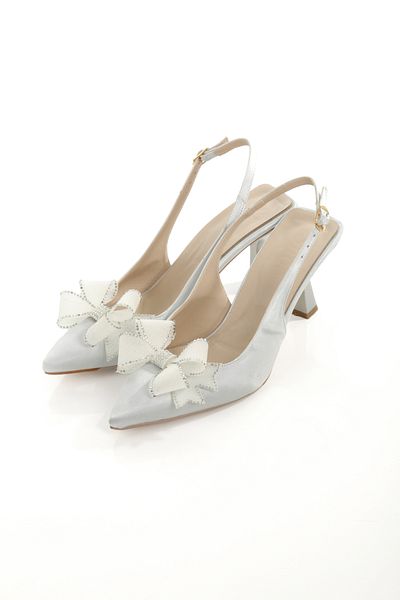 moun shoes Women's Silver Satin Bow Stiletto Pointed Toe Slingback Heeled Shoes 9 cm