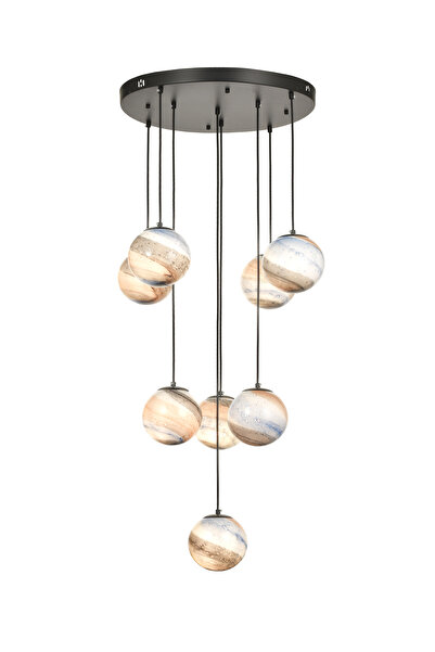 Avizemoda Galaksi 8 li Uzay Desen Camlı Salon Oturma Odası Modern Sarkıt Avize - (Siyah Kasa)