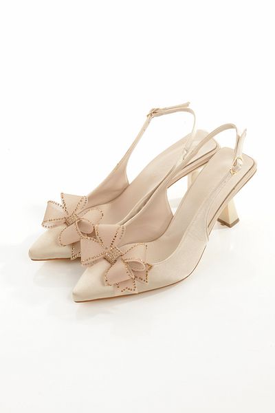 moun shoes Women's Beige Satin Imported Bow Stiletto Pointed Toe Slingback Heeled Shoes 9 cm