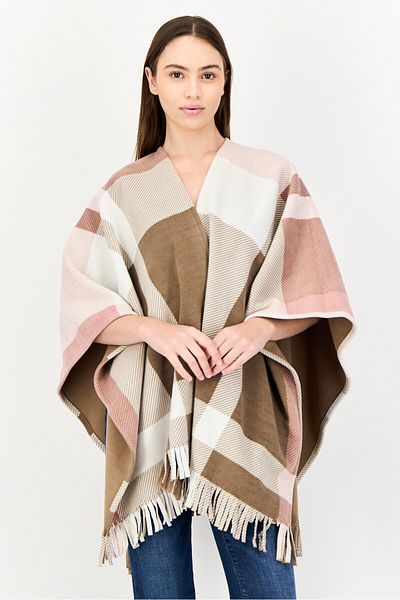 London Fog Women Split Neck Plaid Fleece Poncho, Multicolor