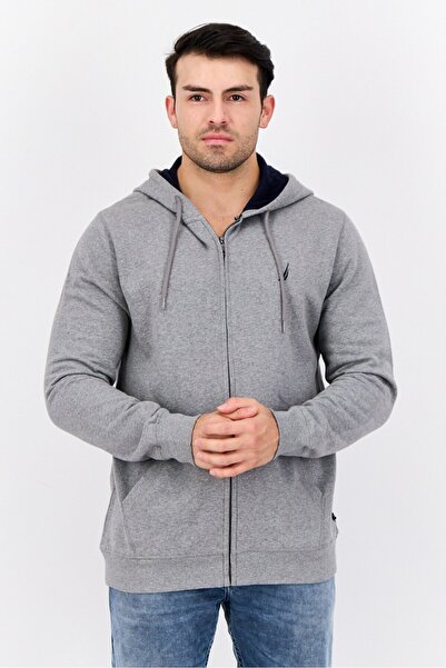 Nautica Men Long Sleeve Embroidered Logo Hooded Sweatshirt, Grey
