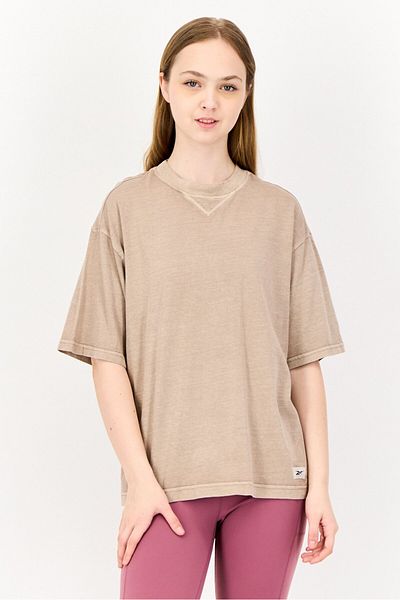 Reebok Women Sportswear Fit Brand Logo Short Sleeves Outdoor T-Shirt, Taupe