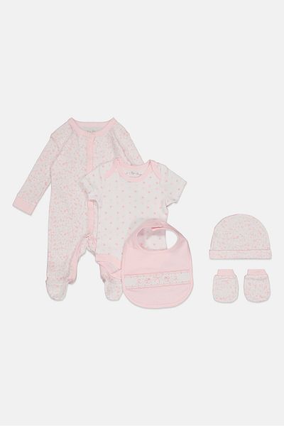 Rock A Bye Baby Boutique Toddlers Girl 5 Pcs Floral Print Bodysuit, Bib, Beanie, Gloves And Coverall Set, Multicolor