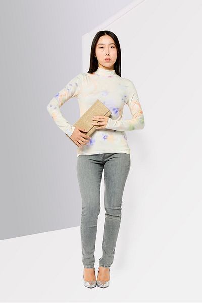 Scotch & Soda Women Mock Neck Long Sleeve Tie Dye T-shirt, Multicolor