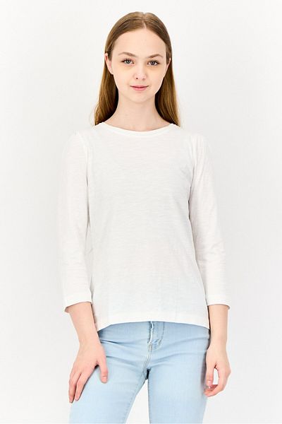 Esprit Women Round Neck Long Sleeves Solid T-shirt, White