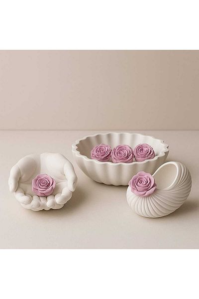 GİTTİGİTTİ Handmade Bowl Set with Rose Decor and Hand and Snail Figures – Stylish and Elegant Decorative Design White