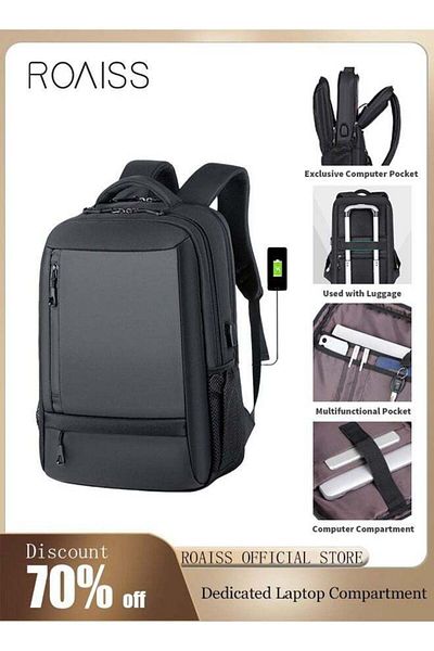 ROAISS Waterproof Backpack School Bag with USB Port for Men Work Travel Flight Business Black