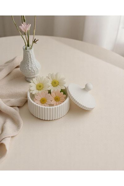 GİTTİGİTTİ Covered Striped Carved Handmade Decorative Storage Container White