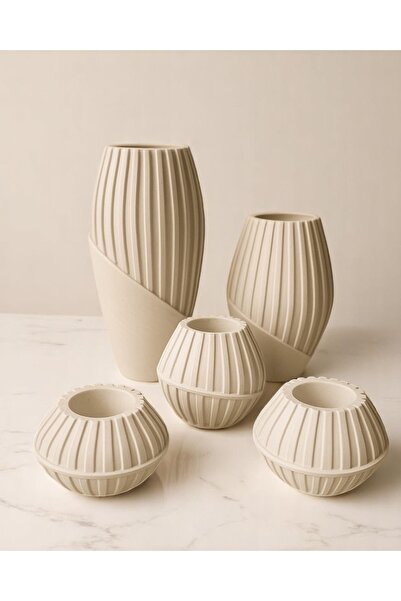 GİTTİGİTTİ 4’lü Çizgili Dekoratif Vazo Seti – El Yapımı Özgün Tasarım Beyaz