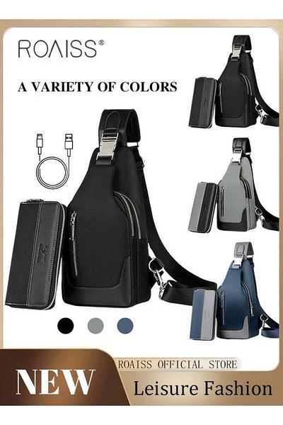 ROAISS 2 Piece Waterproof Chest Bag and Fashion Long Wallet Set Crossbody Shoulder Backpack with USB Chargi