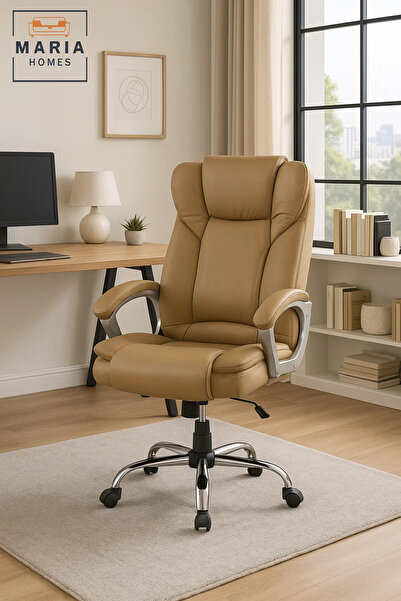 MARIA HOMES كرسي مكتب تنفيذي باللون البيج مع ظهر مرتفع ودعم مبطن لراحة المنزل...