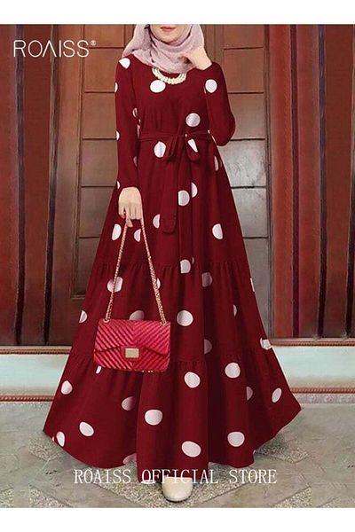 ROAISS Women Spring Muslim Dress Elegant Casual Loose Abaya Long Sleeved Polka Dots Printed Maxi Robe