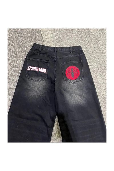 Karakedi Κεντημένο Spider Man Ρετρό Μαύρο φαρδύ τζιν παντελόνι