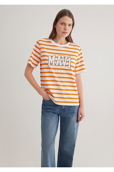 Mavi Gestreiftes orangefarbenes T-Shirt mit Logo-Print, reguläre Passform 1611360 -89585