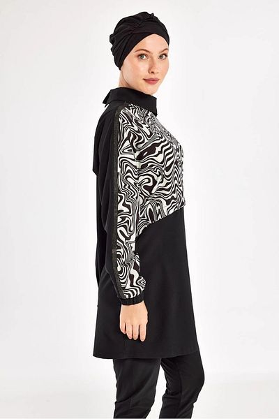 Bordomix 1224 Women's Black Zebra Patterned Hijab Swimsuit