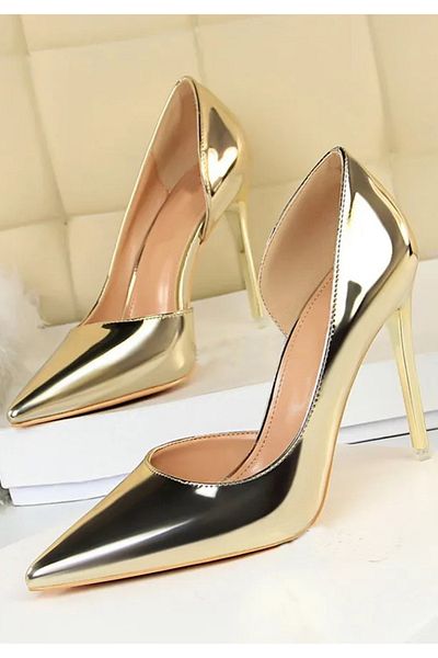 TrendyAnka Women's Gold Nude Patent Leather Side Slit 8cm Thin Transparent Cover Heeled Stiletto Evening Dress Shoes